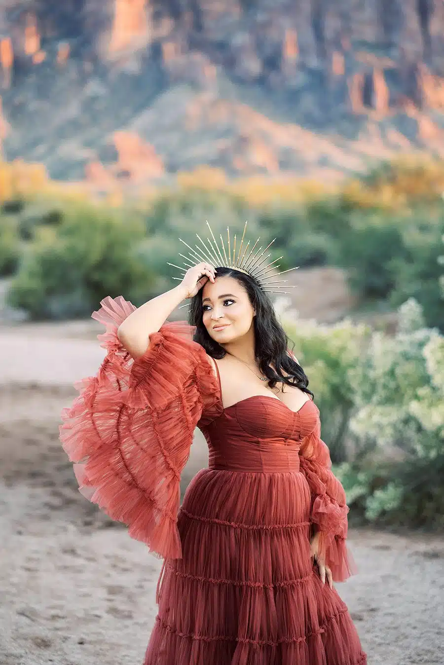 Glamour photo shoot with a girl in big tulle dress at lost dutchman park az
