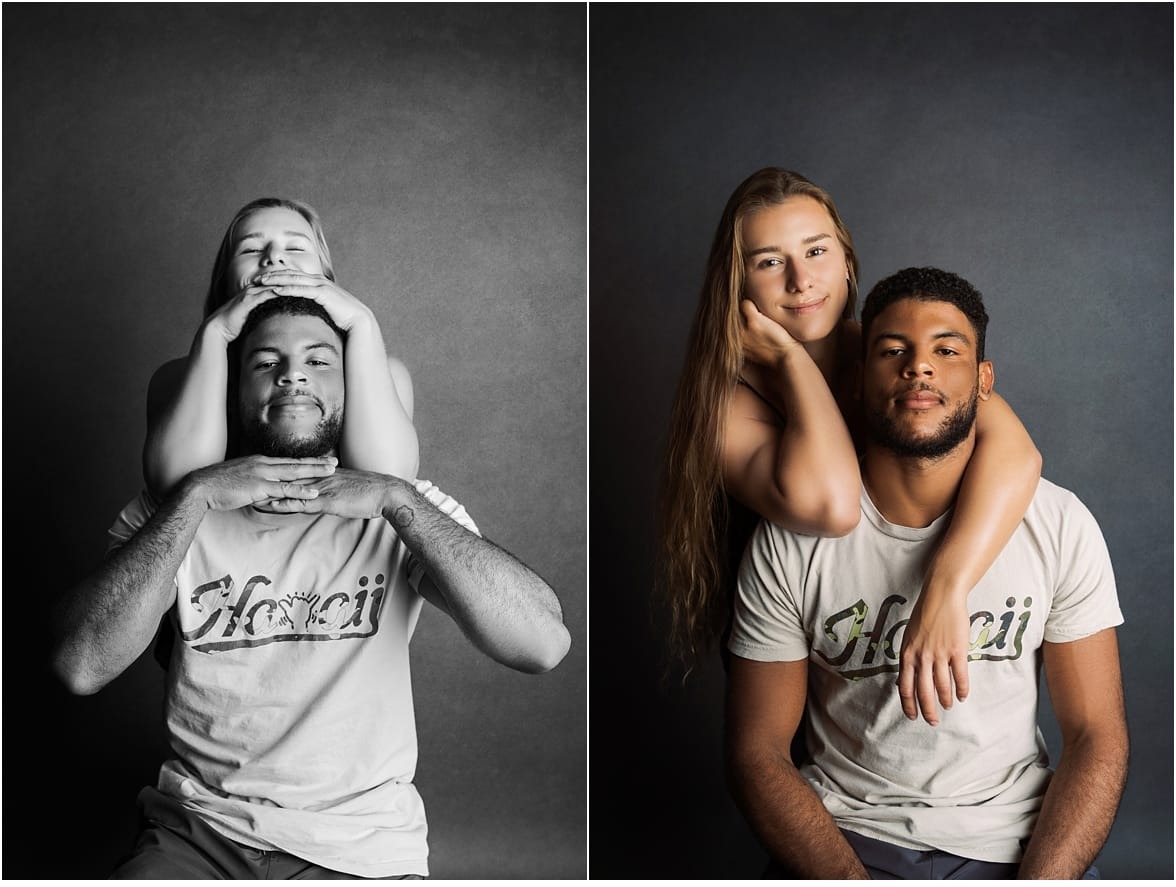 Moody studio couples portrait taken in Phoenix featuring bold expressions and strong connection.