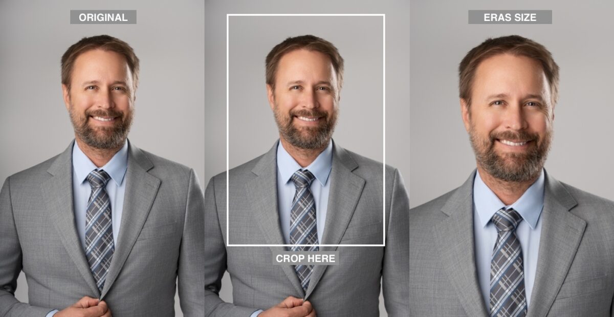 3 photos of an ERAS headshot side by side showing the correct sizing requirement and how to crop it