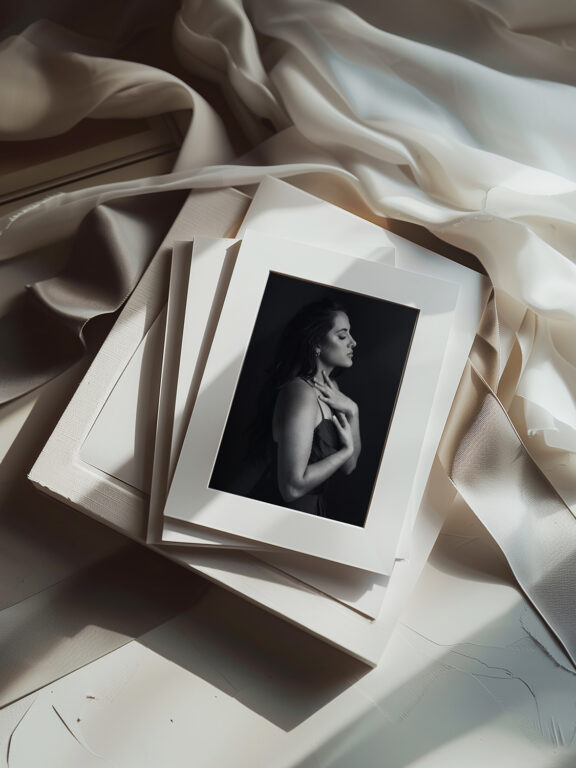 studio portrait of a woman inside a matted print on a table